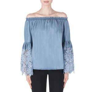 Joseph Ribkoff Blue Off The Shoulder Floral Lace Bell Sleeve Tencel Blouse